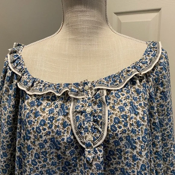 Max Studio Blue White Floral Peasant Blouse 1X Plus Size 3/4 Puff Sleeves - Picture 2 of 9